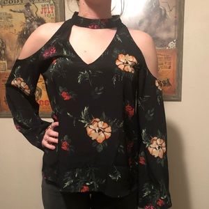 Floral cut out cold shoulder blouse